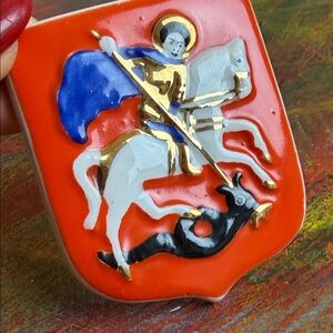 Vintage Russian Saint George Coat of Arms Moscow Ceramic Knight Figurine USSR